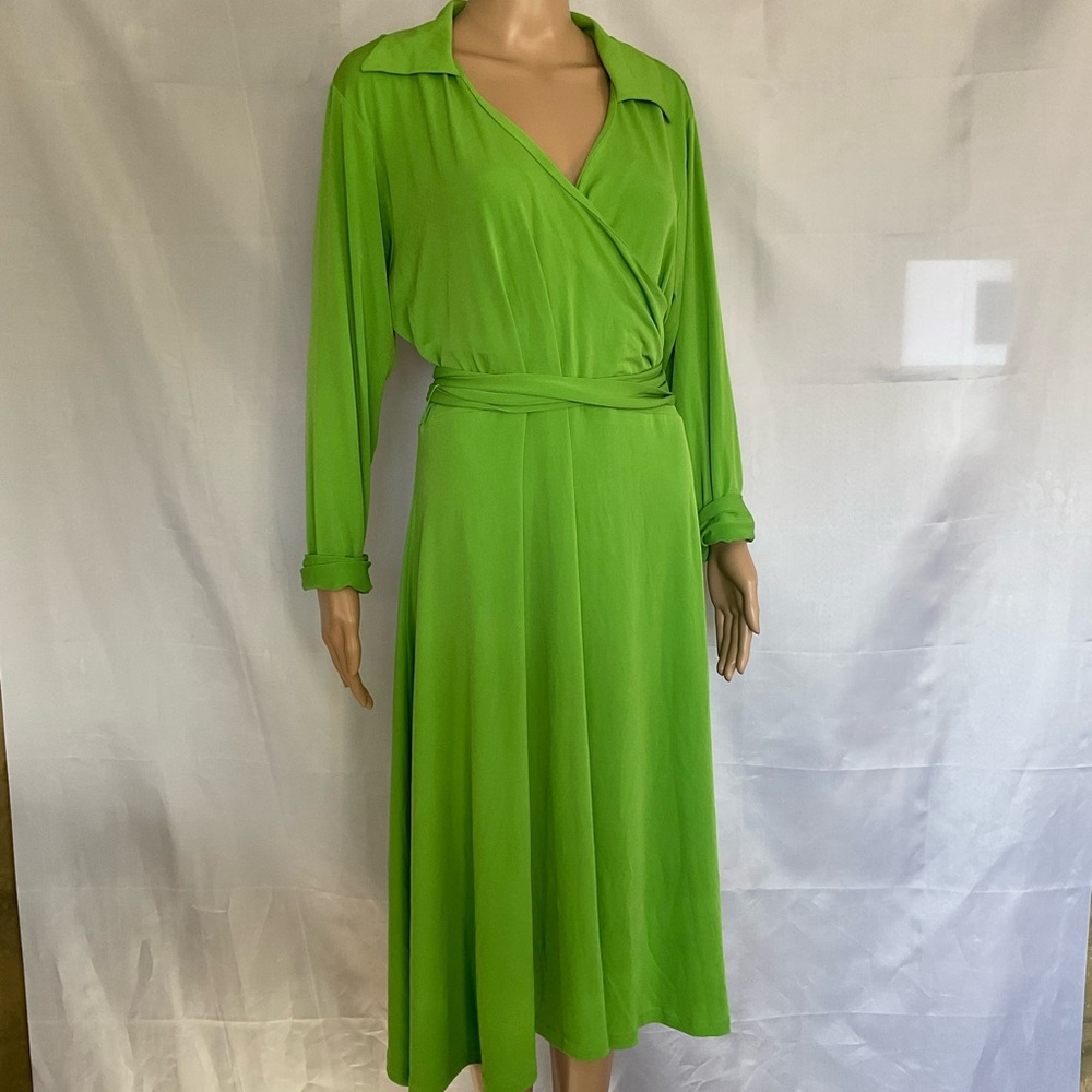 Vintage Lennie for Nina Leonard Fit and Flare Faux Wrap Dress Green Midi XL